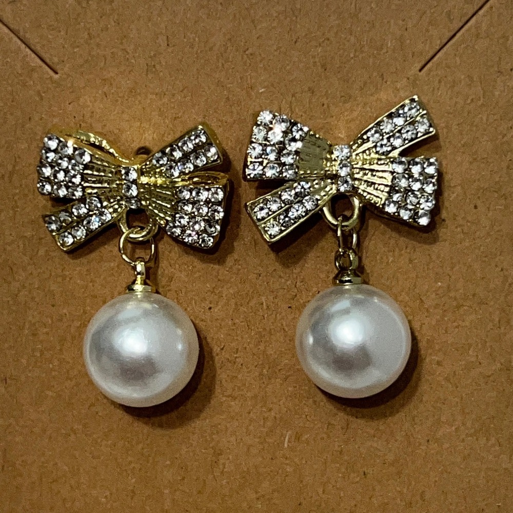 Gold Tone‎ Bow Pearl Drop Earrings Women Fashion Jewelry - Picture 2 of 6